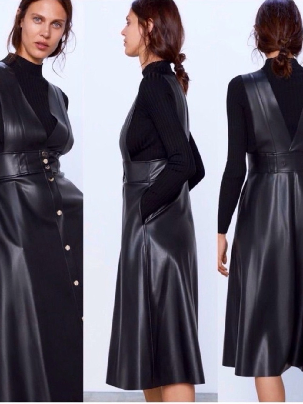 Zara Black Faux Leather Maxi Pinafore Dress with Gold Button Detail